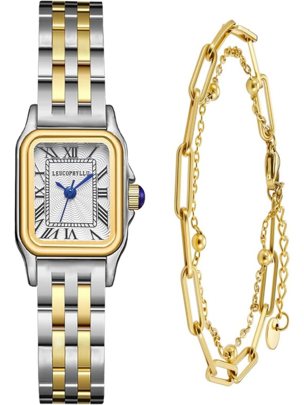 Women's Golden Silver with Golden Chain Vintage Rectangular Case Wrist Watches